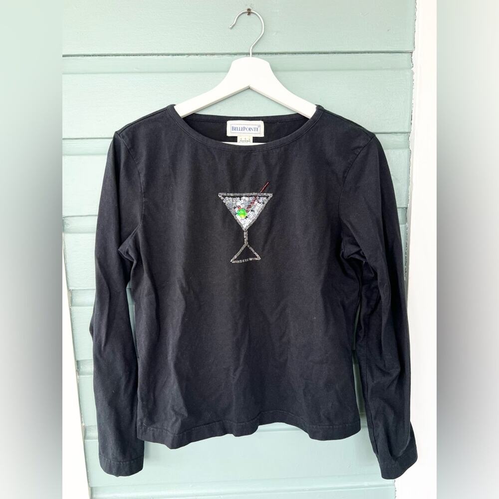 Vintage Y2K novelty martini top sequin martini glass black long sleeve 2000s S